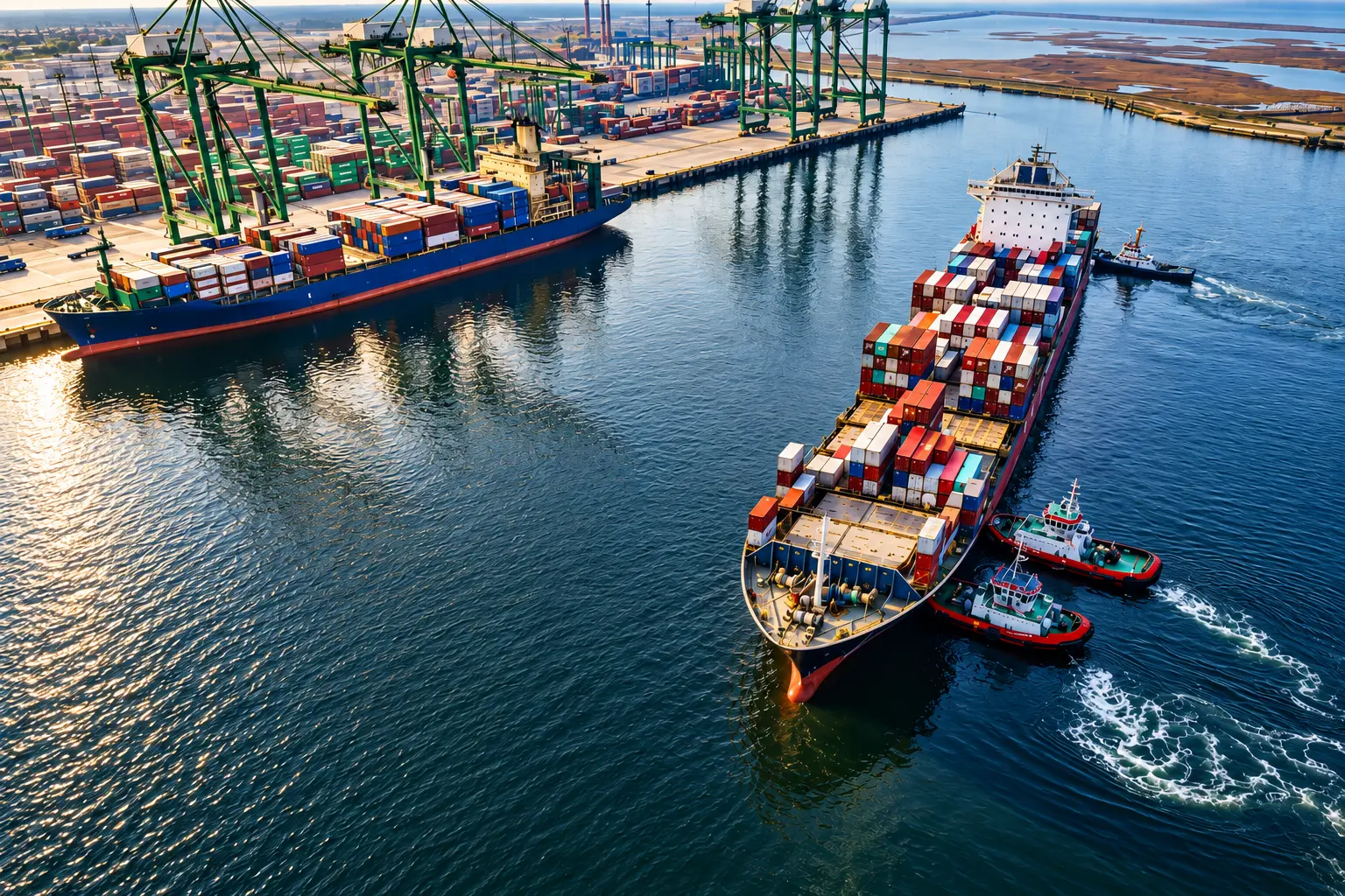 Aerial view of container ships being loaded at port