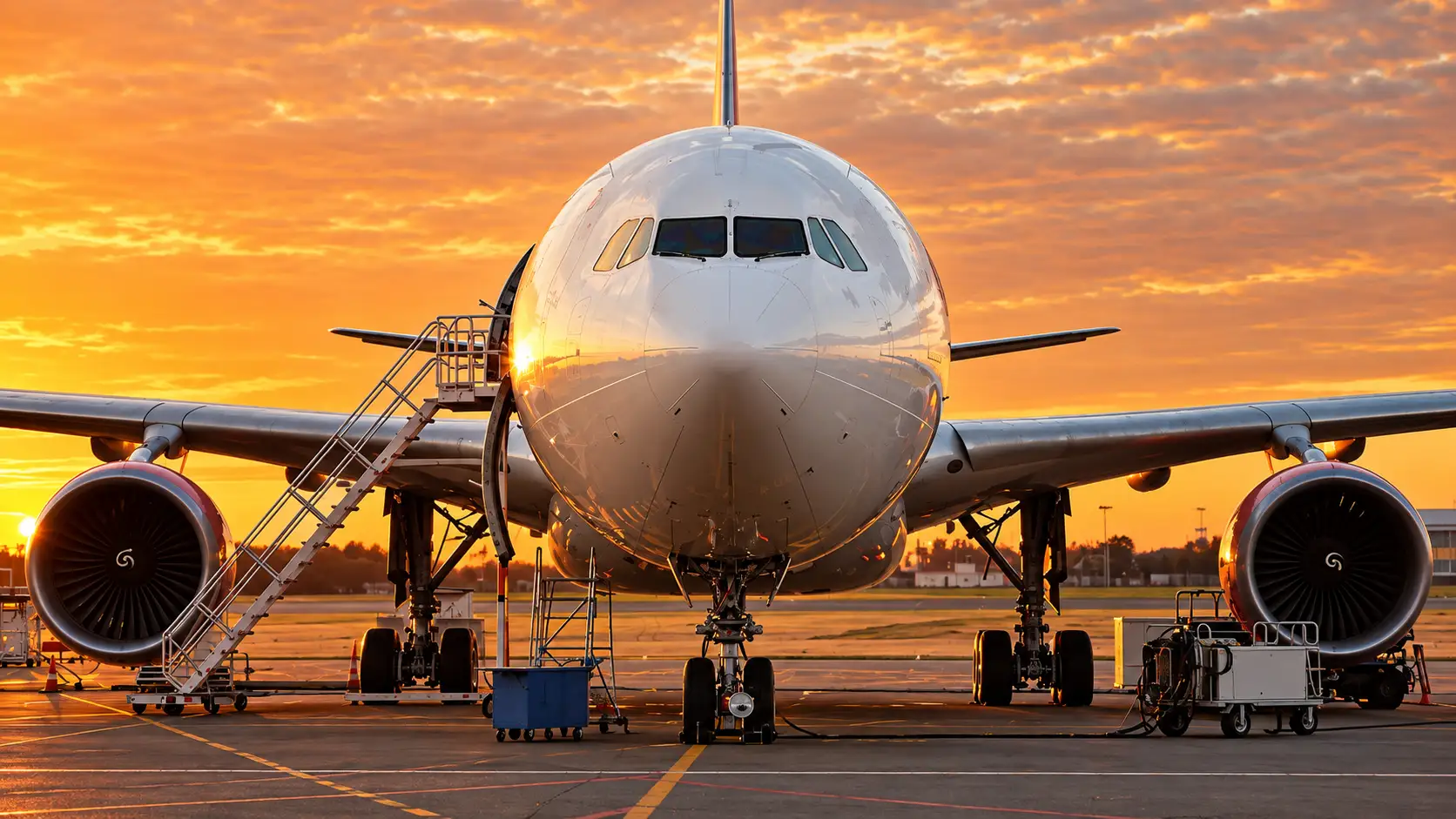 Cargo aircraft on the tarmac at sunset